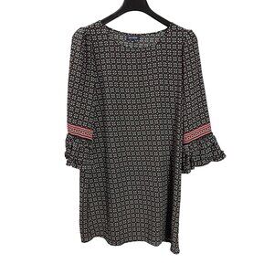 Max Edition Black White Red Floral Bell Sleeve Shift Dress L Geometric Midi